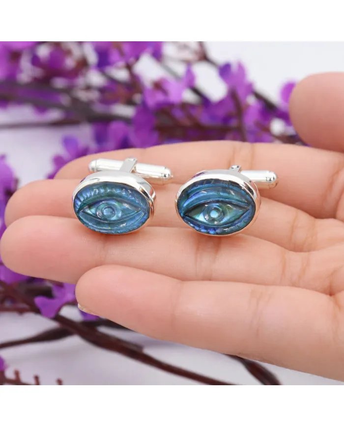 Labradorite Cufflinks for Men – 925 Sterling Silver Handmade Eye Carved