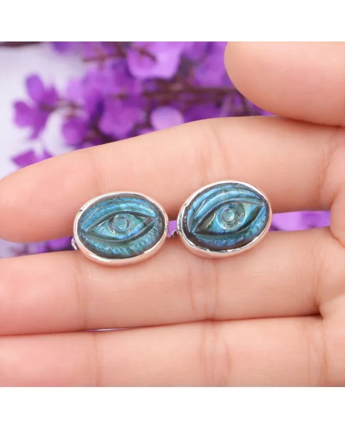 Labradorite Cufflinks for Men – 925 Sterling Silver Handmade Eye Carved