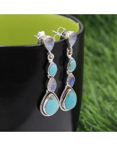 Turquoise Earrings, Sterling Silver Earrings, Moonstone Earrings, Pear Gemstone Earrings, Statement Earrings, Women's Earrings