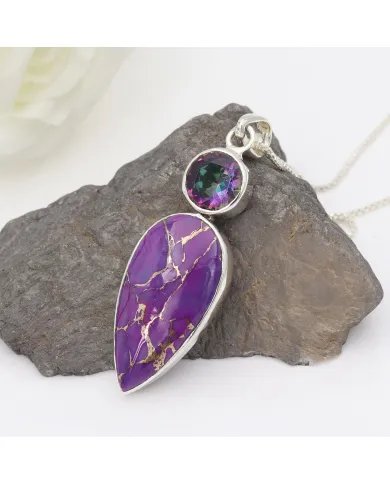 Purple Copper Turquoise Pendant with Mystic Quartz - 925 Silver Jewelry