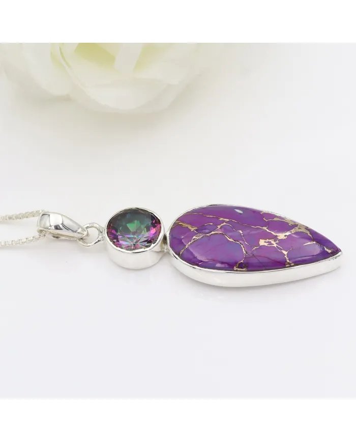 Purple Copper Turquoise Pendant with Mystic Quartz - 925 Silver Jewelry