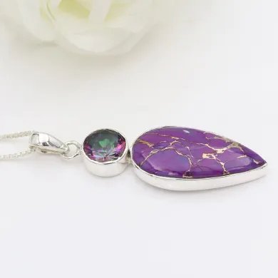 Purple Copper Turquoise Pendant with Mystic Quartz - 925 Silver Jewelry