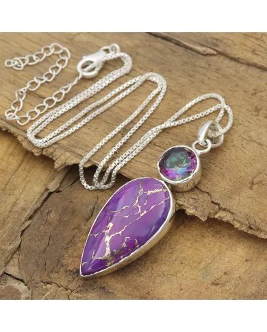 Purple Copper Turquoise Pendant with Mystic Quartz - 925 Silver Jewelry