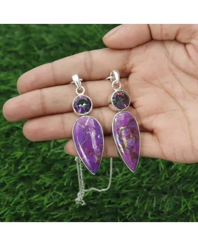 Purple Copper Turquoise Pendant with Mystic Quartz - 925 Silver Jewelry