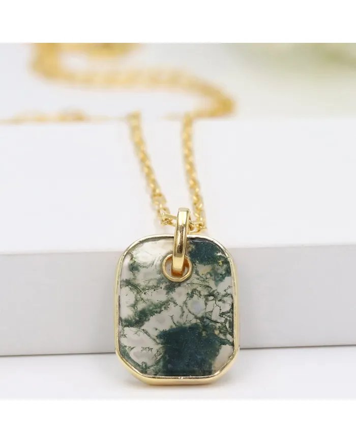 Moss Agate Pendant – Gold Plated 925 Silver Handmade Unisex Jewelry