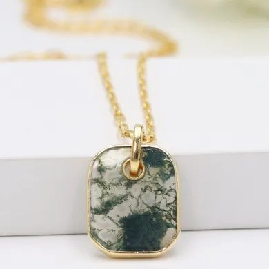 Moss Agate Pendant – Gold Plated 925 Silver Handmade Unisex Jewelry