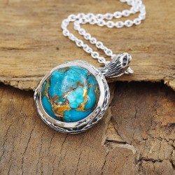 Turquoise Pendant, Solid Sterling Silver Necklaces, Blue Copper Turquoise Pendant Necklaces, Birthstone Necklaces