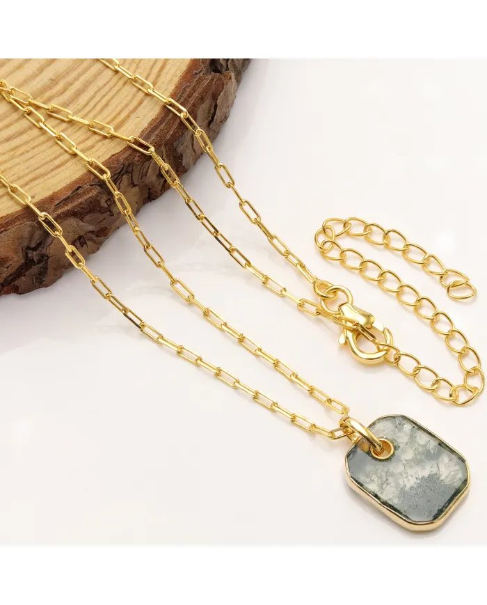 Moss Agate Pendant – Gold Plated 925 Silver Handmade Unisex Jewelry