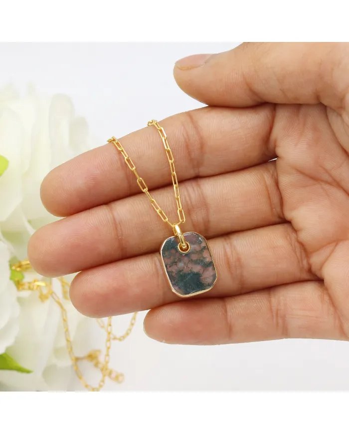 Moss Agate Pendant – Gold Plated 925 Silver Handmade Unisex Jewelry