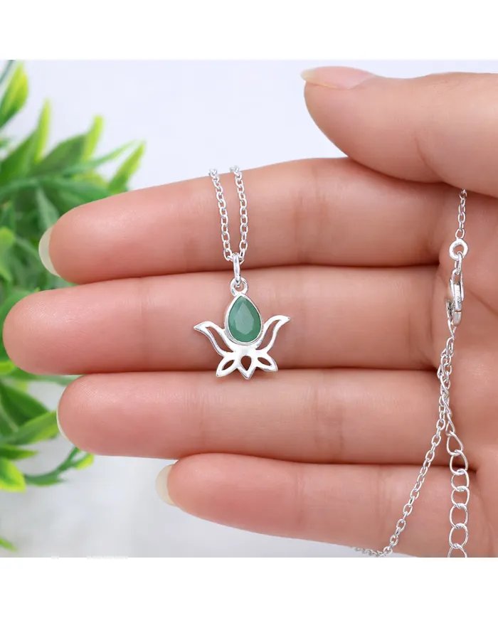 Handmade Emerald Lotus Pendant – 925 Sterling Silver Jewelry for Women