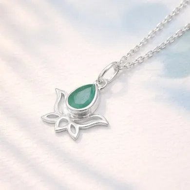 Handmade Emerald Lotus Pendant – 925 Sterling Silver Jewelry for Women