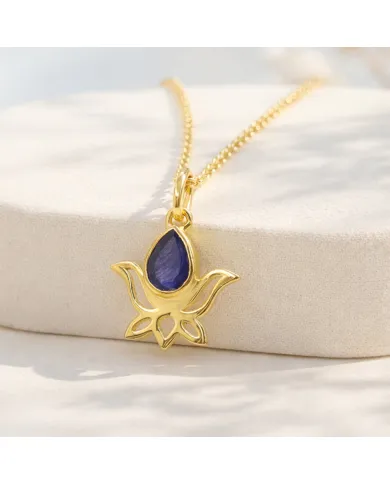 Blue Sapphire Lotus Pendant Necklace, 18K Gold Plated Jewelry for Women