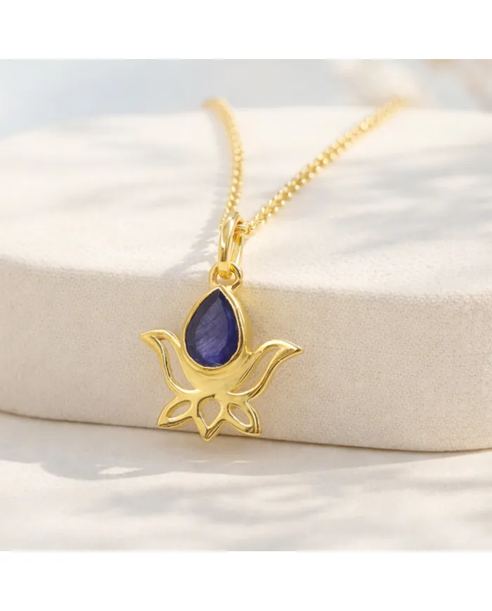 Blue Sapphire Lotus Pendant Necklace, 18K Gold Plated Jewelry for Women