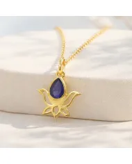 Blue Sapphire Lotus Pendant Necklace, 18K Gold Plated Jewelry for Women
