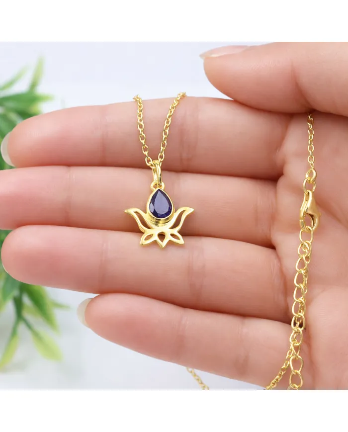 Blue Sapphire Lotus Pendant Necklace, 18K Gold Plated Jewelry for Women