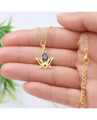 Blue Sapphire Lotus Pendant Necklace, 18K Gold Plated Jewelry for Women
