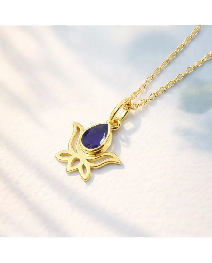 Blue Sapphire Lotus Pendant – Gold Plated 925 Silver Jewelry for Women
