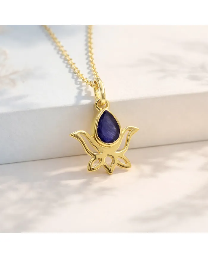 Blue Sapphire Lotus Pendant Necklace, 18K Gold Plated Jewelry for Women