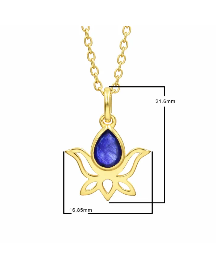 Blue Sapphire Lotus Pendant Necklace, 18K Gold Plated Jewelry for Women
