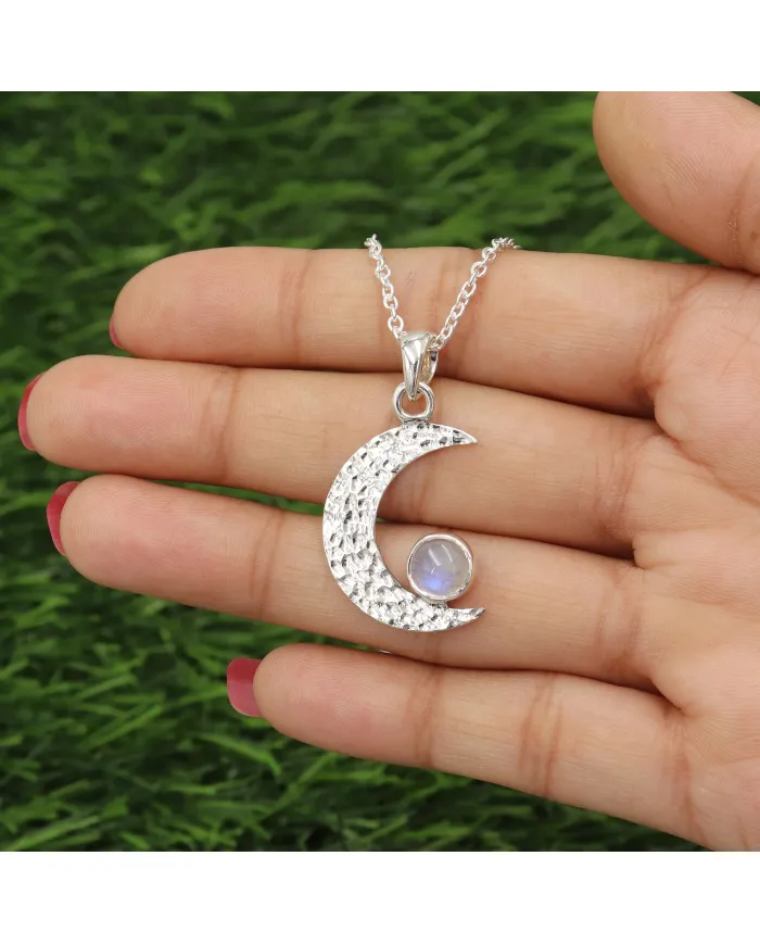 Rainbow Moonstone Pendant – 925 Sterling Silver Crescent Charm Necklace