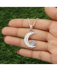 Rainbow Moonstone Pendant – 925 Sterling Silver Crescent Charm Necklace