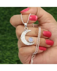 Rainbow Moonstone Pendant – 925 Sterling Silver Crescent Charm Necklace