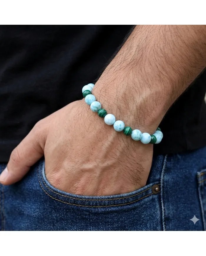 Larimar & Malachite Beads Bracelet - Stretchable Jewelry for Men & Women