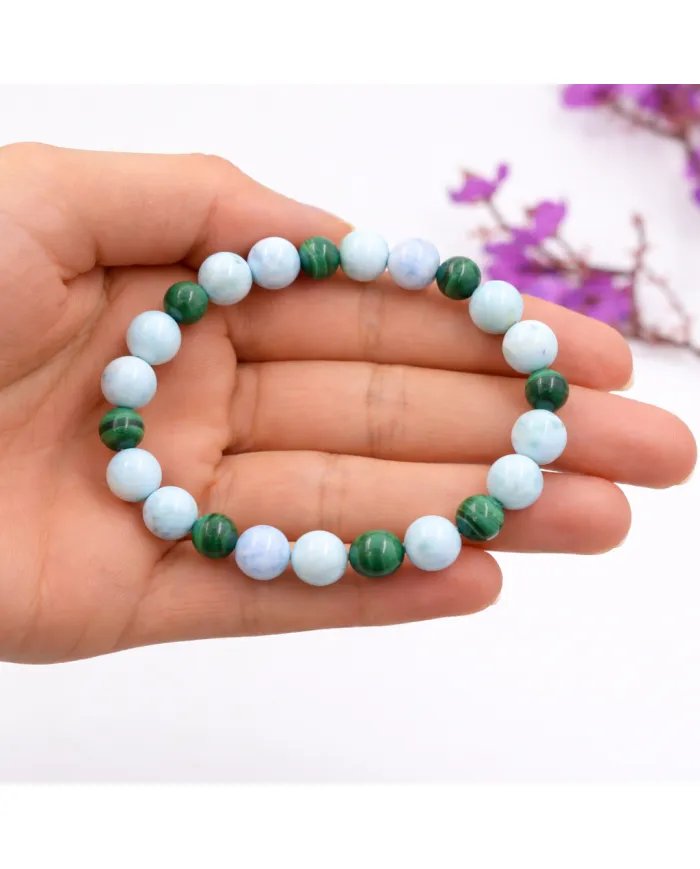 Larimar & Malachite Beads Bracelet - Stretchable Jewelry for Men & Women
