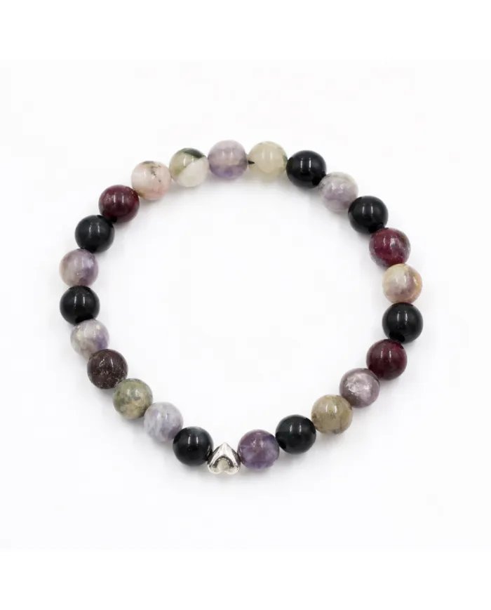 925 Silver Heart Tourmaline Bracelet – 8mm Beads Stretchable Jewelry