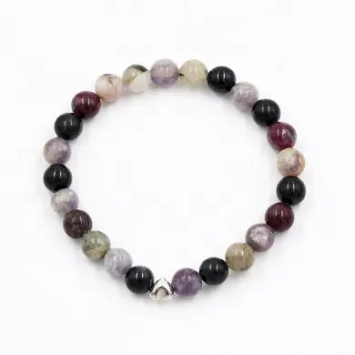 925 Silver Heart Tourmaline Bracelet – 8mm Beads Stretchable Jewelry
