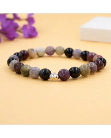 925 Silver Heart Tourmaline Bracelet – 8mm Beads Stretchable Jewelry