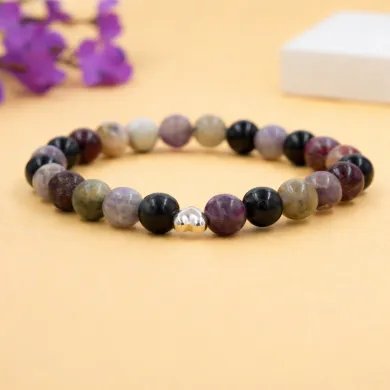 925 Silver Heart Tourmaline Bracelet – 8mm Beads Stretchable Jewelry