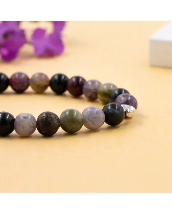 925 Silver Heart Tourmaline Bracelet – 8mm Beads Stretchable Jewelry