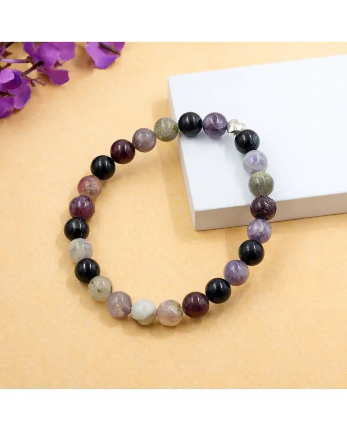 925 Silver Heart Tourmaline Bracelet – 8mm Beads Stretchable Jewelry