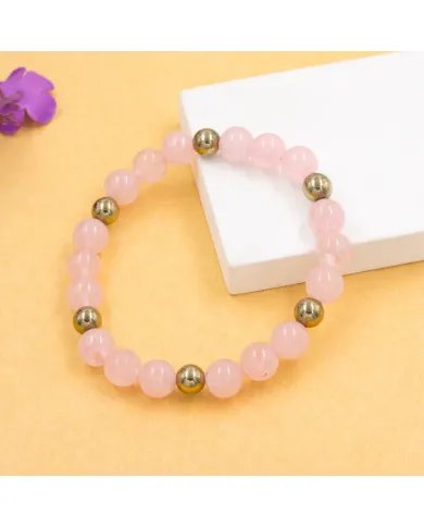 Rose Quartz & Hematite Pyrite Beads Bracelet -Stretchable Jewelry