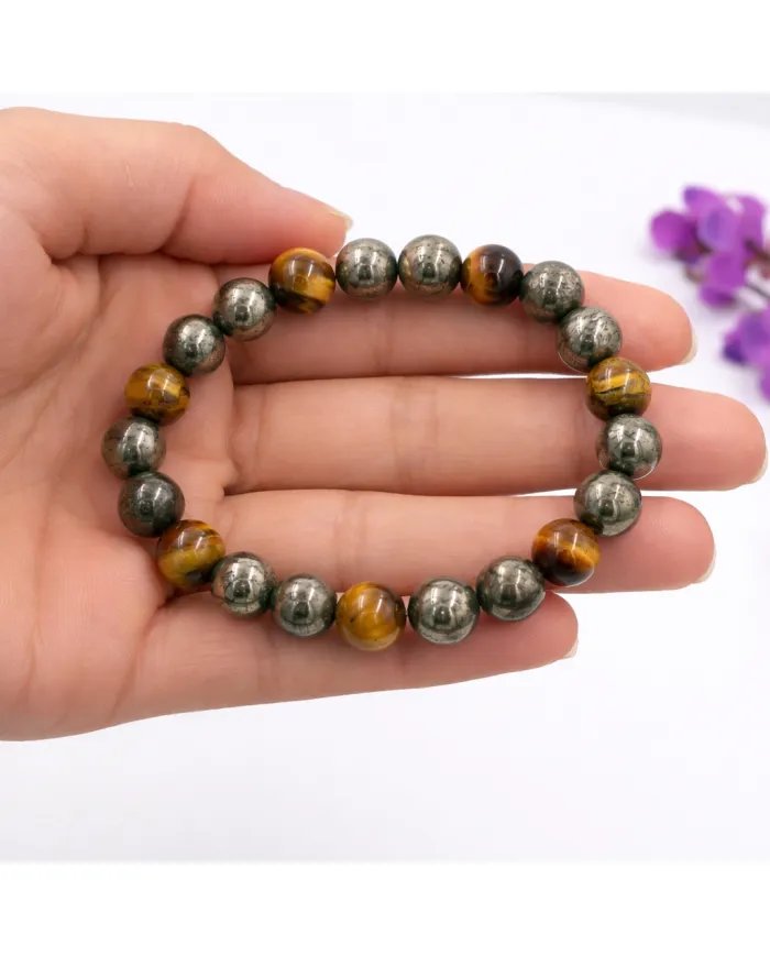 Pyrite & Tiger Eye Beads Bracelet - Handmade Stretchable Jewelry