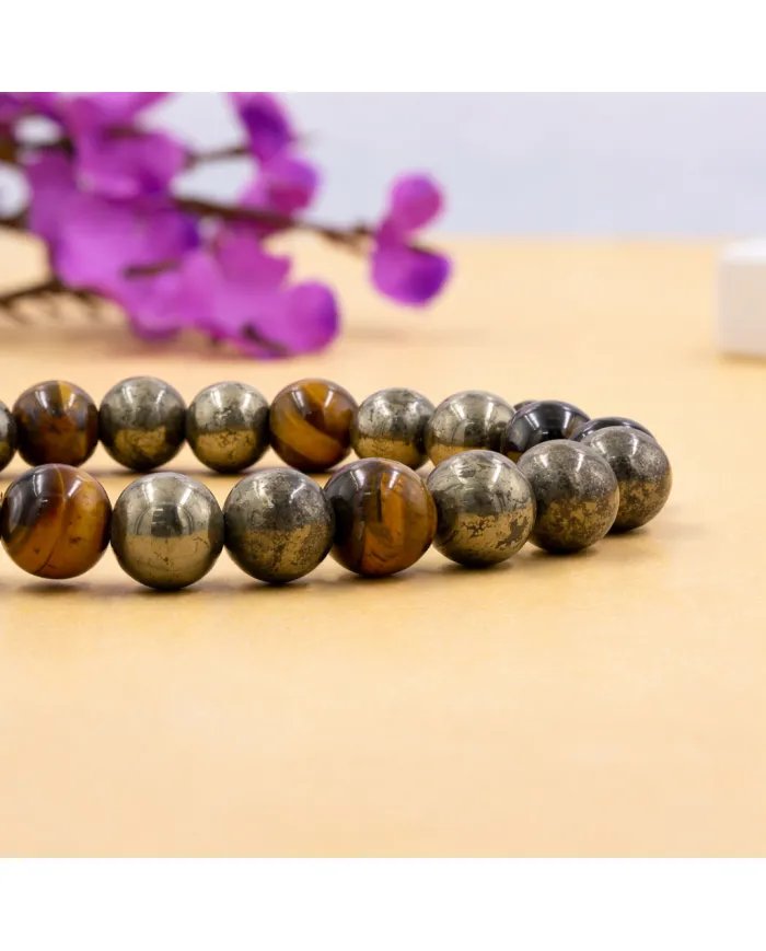 Pyrite & Tiger Eye Beads Bracelet - Handmade Stretchable Jewelry