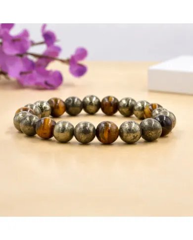 Pyrite & Tiger Eye Beads Bracelet - Handmade Stretchable Jewelry