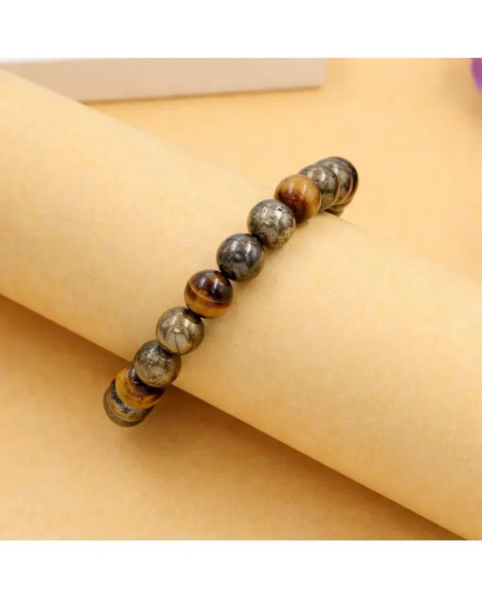 Pyrite & Tiger Eye Beads Bracelet - Handmade Stretchable Jewelry