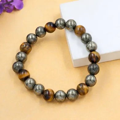 Pyrite & Tiger Eye Beads Bracelet - Handmade Stretchable Jewelry