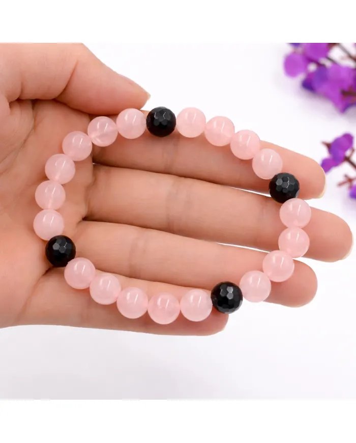 Rose Quartz & Black Onyx Beads Bracelet – Handmade Healing Jewelry