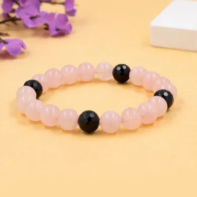 Rose Quartz & Black Onyx Beaded Pendant – Handmade Healing Jewelry