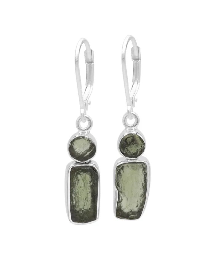 Raw Moldavite Earrings - Sterling Silver Handmade Versatile Jewelry