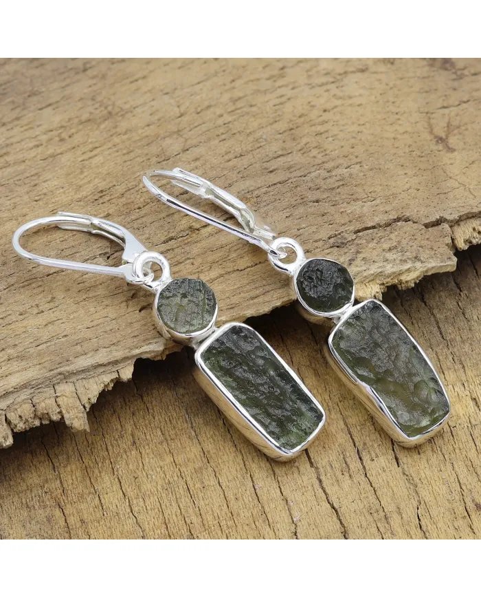 Raw Moldavite Earrings - Sterling Silver Handmade Versatile Jewelry