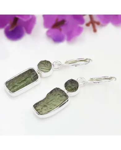 Raw Moldavite Earrings - Sterling Silver Handmade Versatile Jewelry