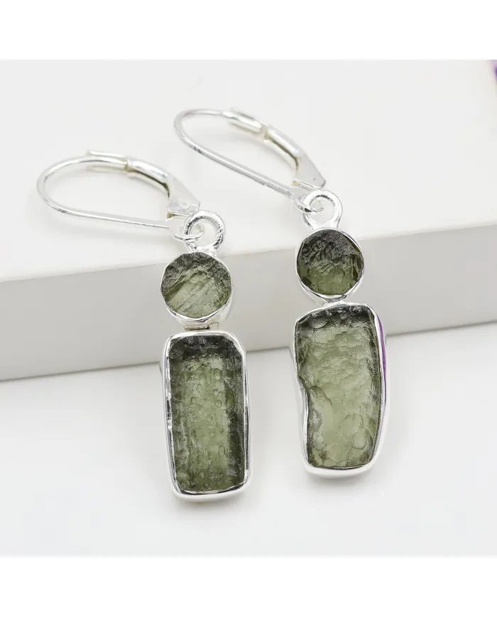 Raw Moldavite Earrings - Sterling Silver Handmade Versatile Jewelry