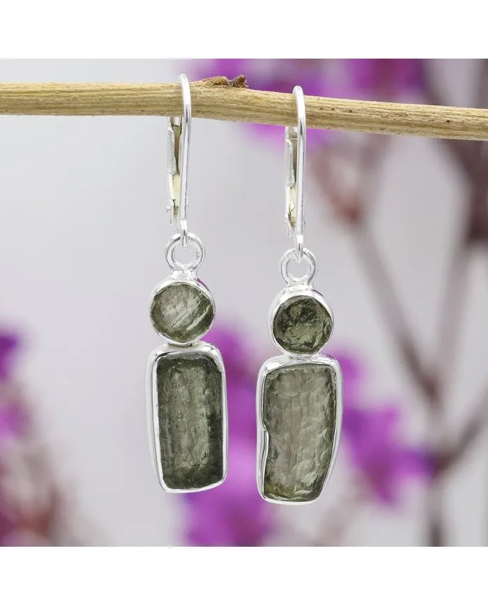 Raw Moldavite Earrings - Sterling Silver Handmade Versatile Jewelry