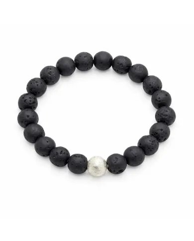 Handmade Lava Beads Stretch Bracelet with 925 Silver Ball Accent