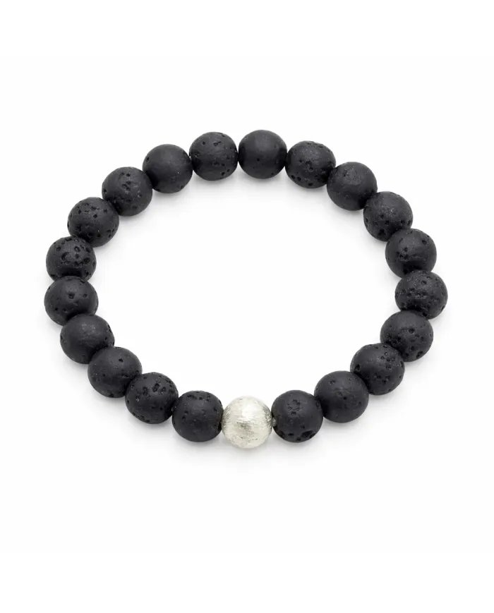 Handmade Lava Beads Stretch Bracelet with 925 Silver Ball Accent