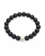 Handmade Lava Beads Stretch Bracelet with 925 Silver Ball Accent